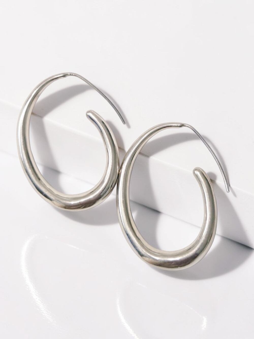 Metal Drop Hook Silver Hoop Earrings 2"